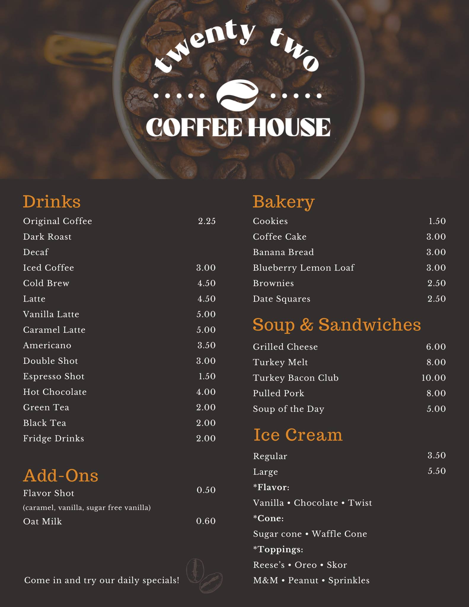 Menu with prices 